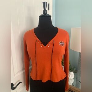 Women’s Harley Davidson Long Sleeve Lace-Up V-Neck T-Shirt Cotton Knit, Size XL